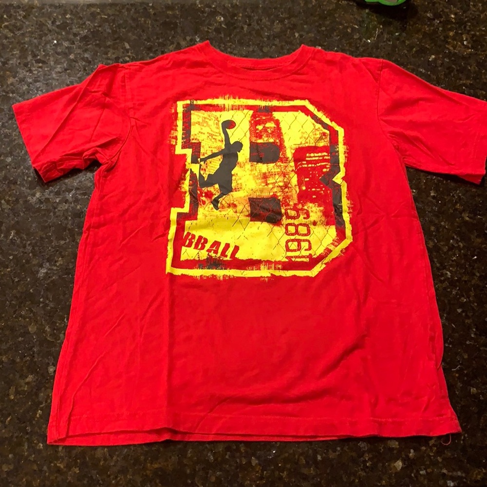 Red Tshirt with cool basketball print in front, size youth XL